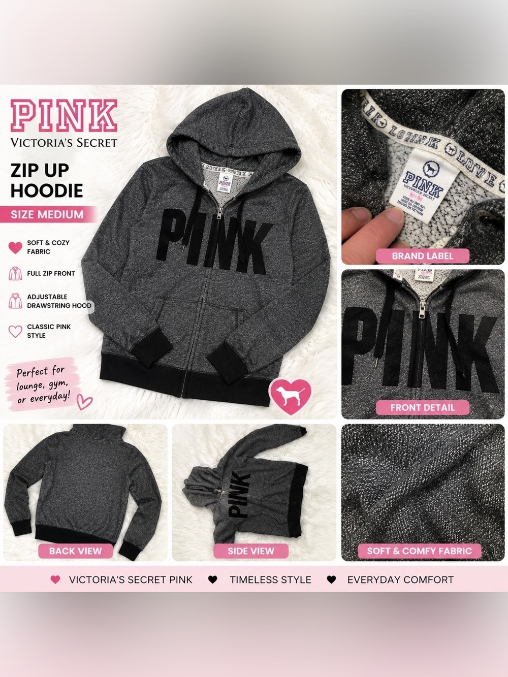 Victoria’s Secret PINK Gray Full Zip Hoodie Medium Cozy Lounge Athleisure